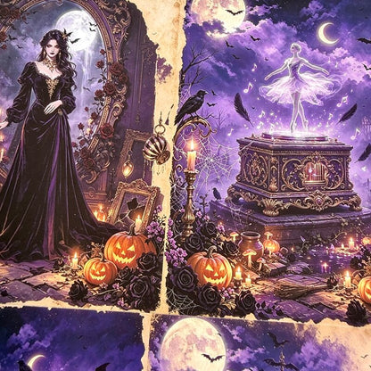 Gothic Halloween fantasy artwork showing a woman in a long black dress beside carved pumpkins and roses, with a glowing ballerina figure on an ornate chest under a full moon and bats in a purple night sky.