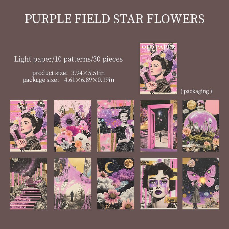 PurpleCelestialcollagepaperwithfloralportraits_moons_stars_cosmicdoorways_andsurrealstaircases