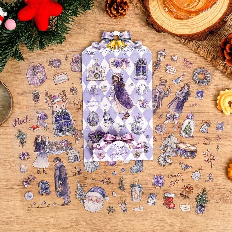 PurplevintagewinterPETstickersheetswithChristmasanimalsandfestiveillustrations