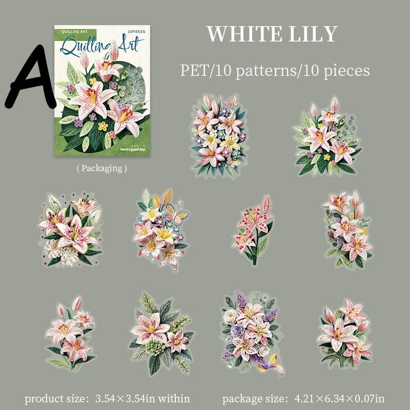 A product listing graphic for 'White Lily' PET stickers by Quodlin Art. The image shows the packaging box in the top-left, ten individual watercolor-style white lily flower sticker designs arranged in a grid, and size text at the bottom indicating product size of 3.