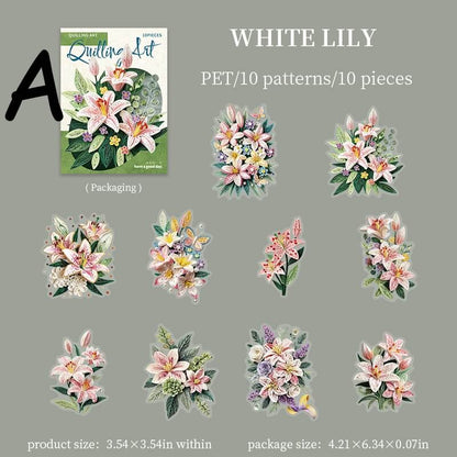 A product listing graphic for 'White Lily' PET stickers by Quodlin Art. The image shows the packaging box in the top-left, ten individual watercolor-style white lily flower sticker designs arranged in a grid, and size text at the bottom indicating product size of 3.