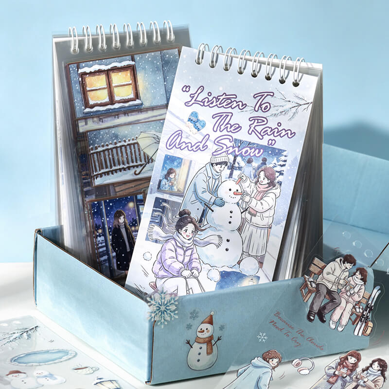 Rainandsnowstickerbooksdisplayedinablueboxwithillustratedwintercovers