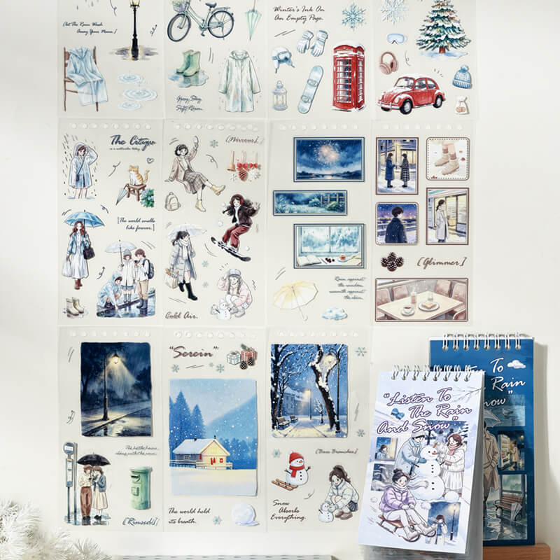 Rainandsnowstickercollectionfeaturingpeople_cityscenes_umbrellas_andwinterscenery