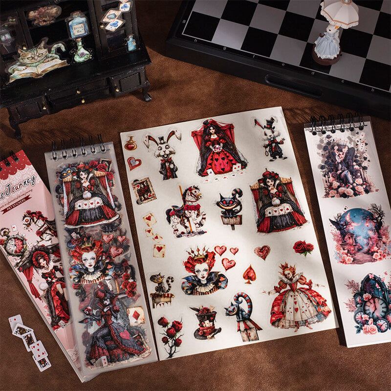 Red_and_black_Wonderland_stickers_featuring_the_Queen_of_Hearts_White_Rabbit_Cheshire_Cat_roses_and_playing_cards