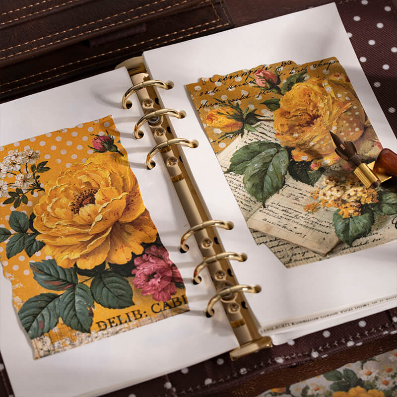 Ringbinderjournalpagesdecoratedwithyellowrosecollages_vintagescriptandpolkadotpatterns
