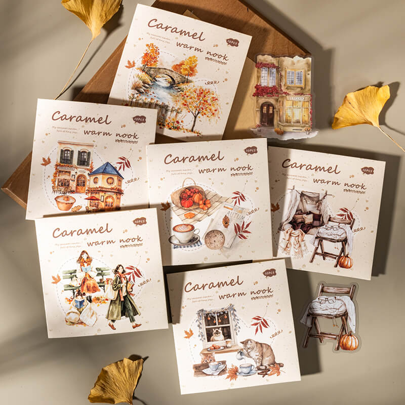 SixCaramelWarmNookstickerpacksfeaturingautumnscenery_cafes_cats_cozyclothing_andcoffee