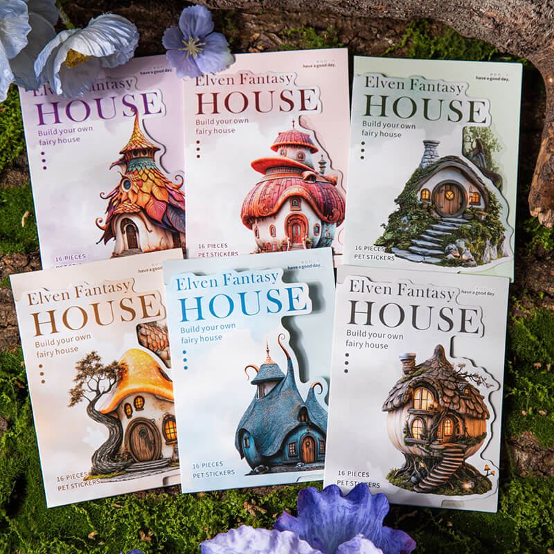 SixElvenFantasyHousePETstickerpacksfeaturingwoodlandcottages_mushroomhousesandcolorfultowers