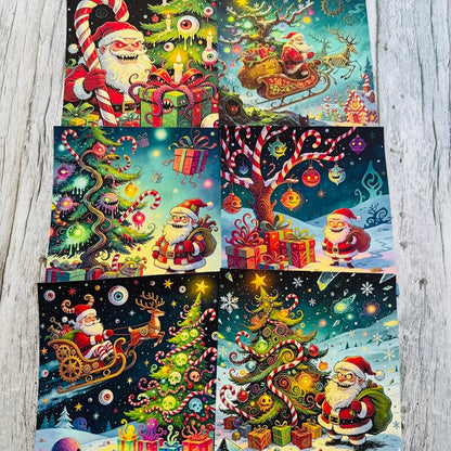 SixEvilSantascrapbookpaperdesignswithcreepyChristmastrees_giftsanddarkfantasyholidayscenes