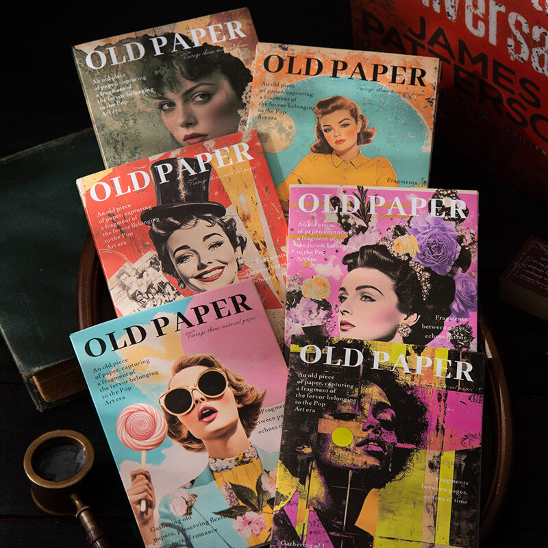 SixOldPapercollagepaperpacksfeaturingvintagewomenandpopartportraitsinassortedcolorthemes