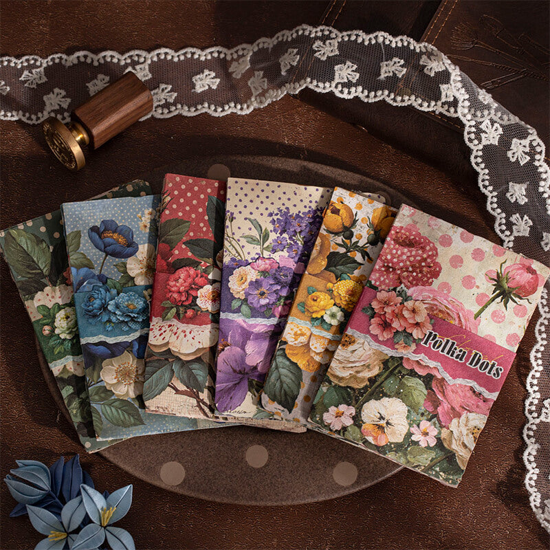 Sixvintagefloralcollagepacksfeaturingblue_red_purple_yellow_pinkandgreendesignswithpolkadotbackgrounds