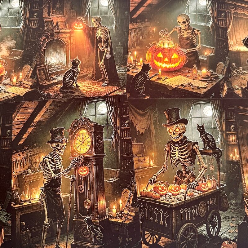 Skeleton clockmaker Halloween scrapbook paper