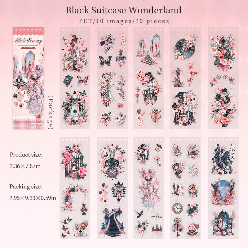 Spade_Wonderland_PET_sticker_sheets_with_pink_roses_black_spades_fantasy_characters_clocks_and_checkerboard_details