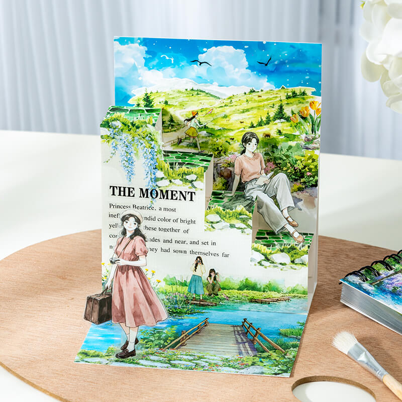 Standingjournalcollagewithnaturescenery_illustratedwomen_andawoodenbridgeoverbluewater