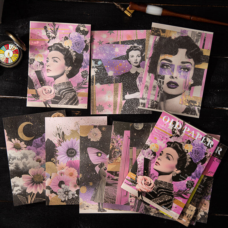Surrealjunkjournalspreadfeaturingagiantpinkbutterfly_flowers_vintagefiguresandacrystallandscapeinsideabottle