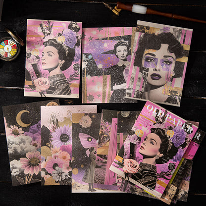 Surrealjunkjournalspreadfeaturingagiantpinkbutterfly_flowers_vintagefiguresandacrystallandscapeinsideabottle