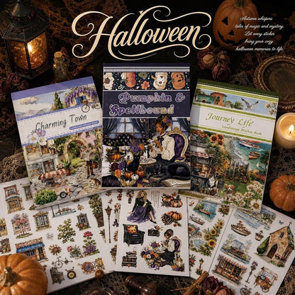 ThreeA5vintagelandscapeandHalloweenstickerbooksmadewithPETandwashimaterials