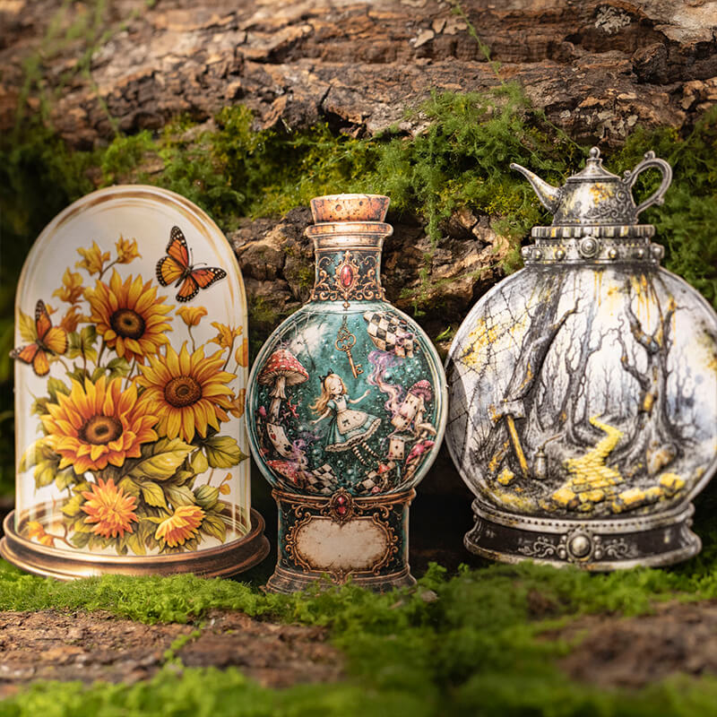 Threevintagefantasybottlestickersfeaturingsunflowers_AliceinWonderlandandadarkforest