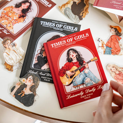TimesofGirlsPETstickerpackswithillustratedwomenplayingguitar_takingphotos_holdingflowers_andwalkingadog