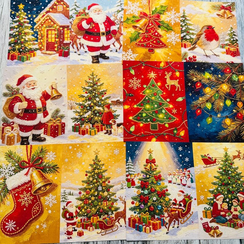 TraditionalChristmasscrapbookpaperfeaturingSantaClaus_decoratedtrees_goldenbells_colorfullightsandsnowyholidayscenes