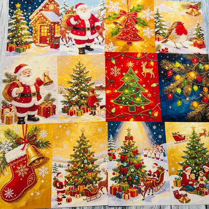 TraditionalChristmasscrapbookpaperfeaturingSantaClaus_decoratedtrees_goldenbells_colorfullightsandsnowyholidayscenes