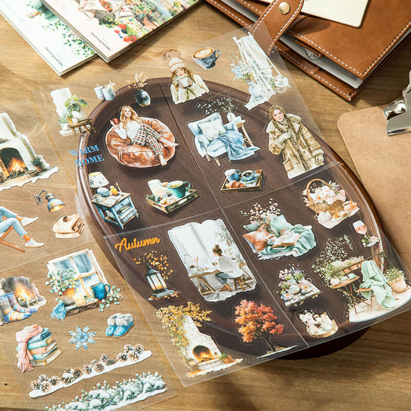 Transparentautumnandwinterdecorativestickersheetsfeaturingcozyhomescenes_flowers_books_andseasonalelements