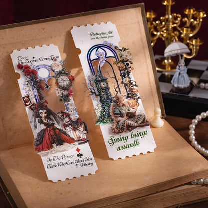 Two_handmade_bookmarks_decorated_with_Wonderland_character_stickers_floral_window_frames_roses_and_vintage_clocks