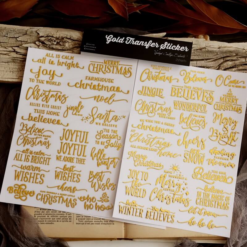TwosheetsofgoldChristmaswordsUVtransferstickerswithfestiveholidayphrasesforDIYcrafts
