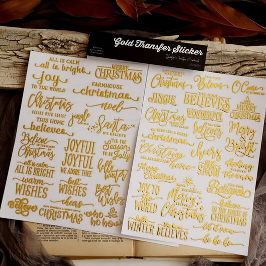 TwosheetsofgoldChristmaswordsUVtransferstickerswithfestiveholidayphrasesforDIYcrafts