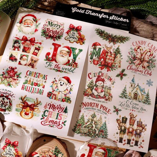 TwosheetsofvintageChristmasUVtransferstickersfeaturingSanta_snowmen_reindeer_nutcrackers_andholidaygreetings