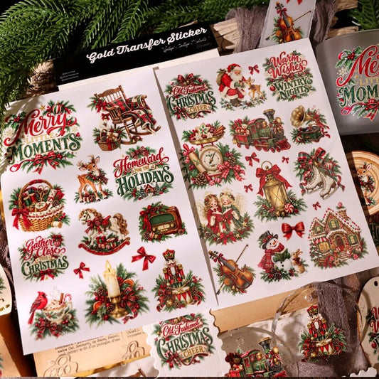 TwosheetsofvintageChristmasUVtransferstickerswitharockingchair_radio_toytrain_gingerbreadhouse_andholidaylettering