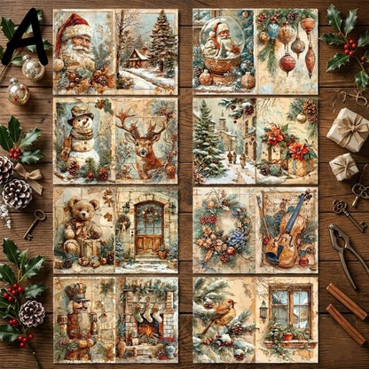 VintageChristmasA5scrapbookpaperfeaturingSantaClaus_snowman_reindeer_teddybear_holidayornamentsandnostalgicwinterdecorations
