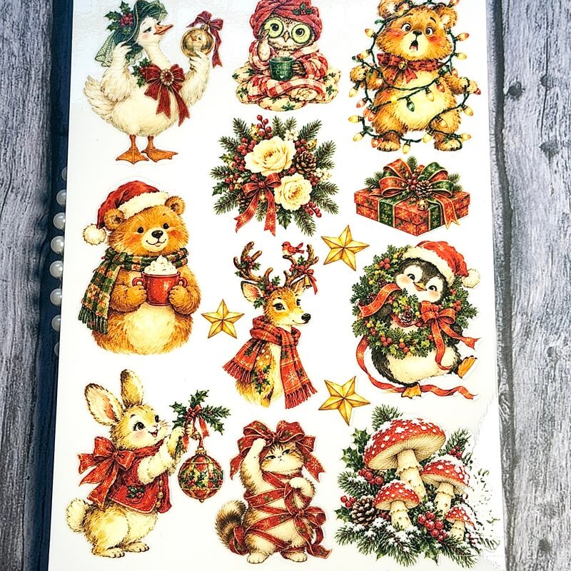 VintageChristmasUVtransferstickersfeaturingagoose_owl_bears_reindeer_penguin_rabbit_catandredmushrooms