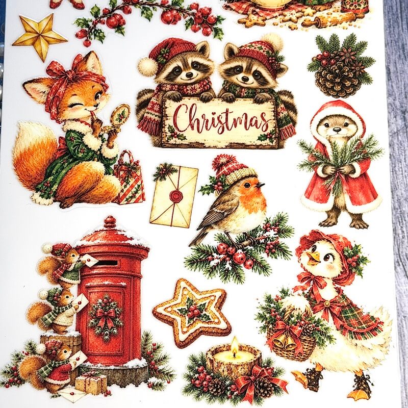 VintageChristmasUVtransferstickerswithraccoonsholdingaChristmassign_afox_arobinandsquirrelsbesidearedmailbox