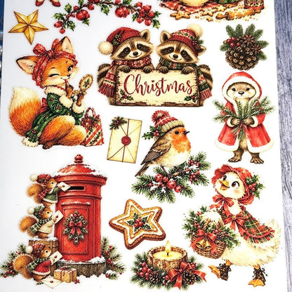 VintageChristmasUVtransferstickerswithraccoonsholdingaChristmassign_afox_arobinandsquirrelsbesidearedmailbox