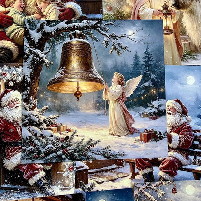 VintageChristmasangelscrapbookpaperfeaturingagoldenbellinasnowywinterforest