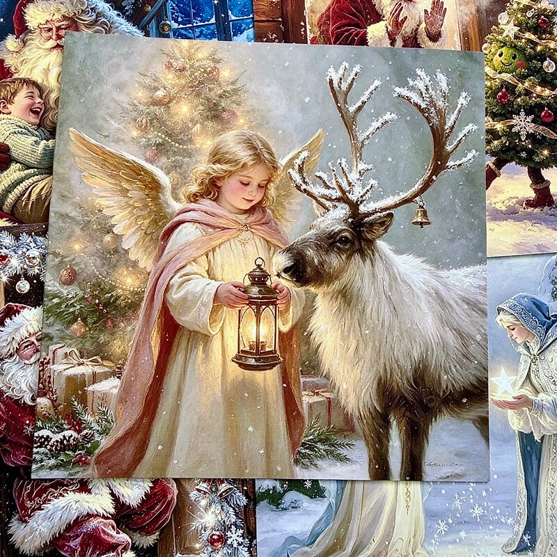 VintageChristmasangelscrapbookpaperfeaturingayoungangelholdingalanternbesideasnowyreindeer