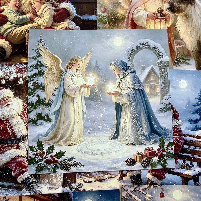 VintageChristmasangelscrapbookpaperfeaturingtwoangelsholdingglowingstarsinasnowyvillage