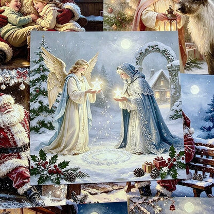 VintageChristmasangelscrapbookpaperfeaturingtwoangelsholdingglowingstarsinasnowyvillage