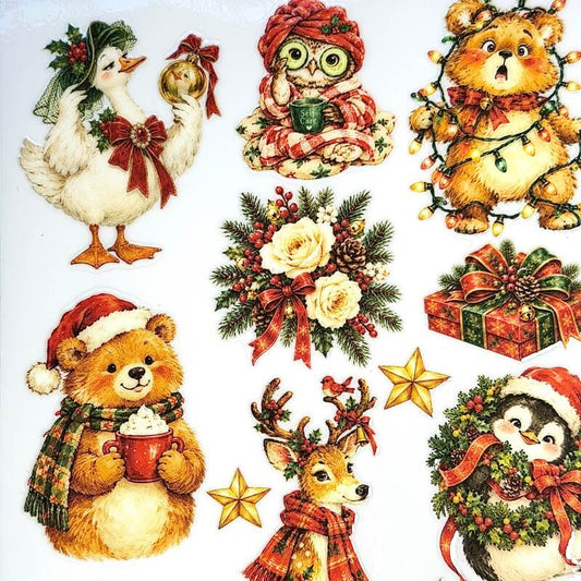 VintageChristmasanimalUVtransferstickersfeaturingfestivebears_agoose_anowl_areindeerandapenguin