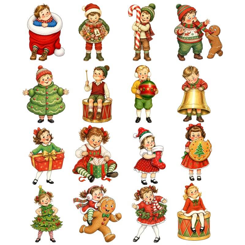 VintageChristmaschildrencardstockcutoutswithgiftsandgingerbreaddesigns