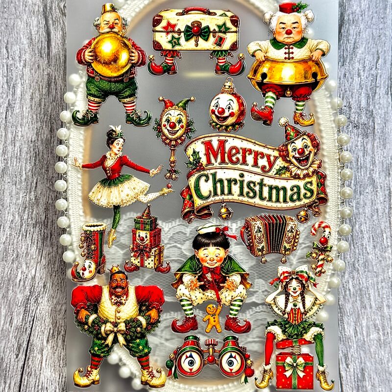 VintageChristmascircus3Dembossedstickerswithclownsandfestivecharacters