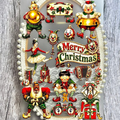 VintageChristmascircus3Dembossedstickerswithclownsandfestivecharacters