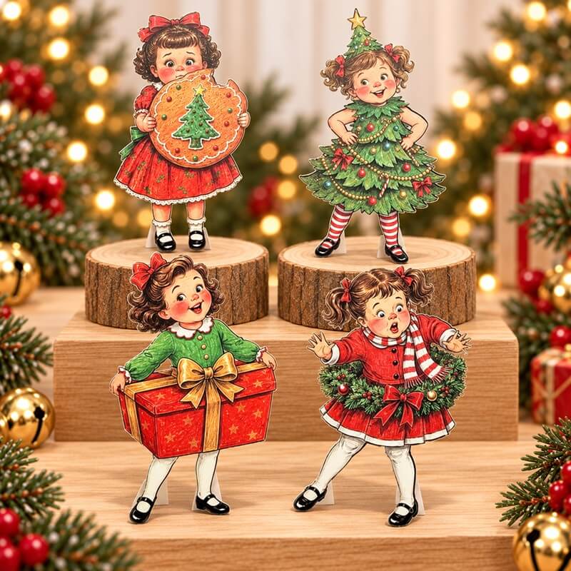 VintageChristmasgirlcardstockcutoutsfeaturingagingerbreadcookie_Christmastreedress_giftbox_andholidaywreath.