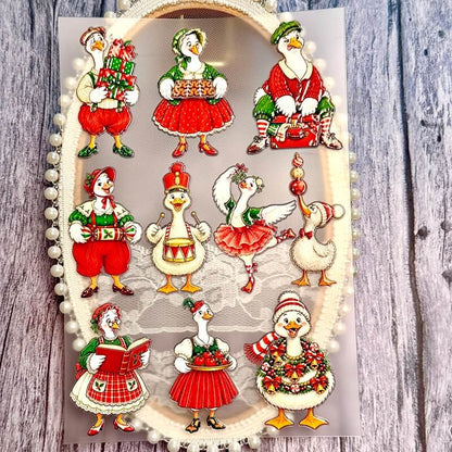 VintageChristmasgoosestickerscarryingpresents_cookies_andornaments_withfestiveoutfitsandplayfulposes