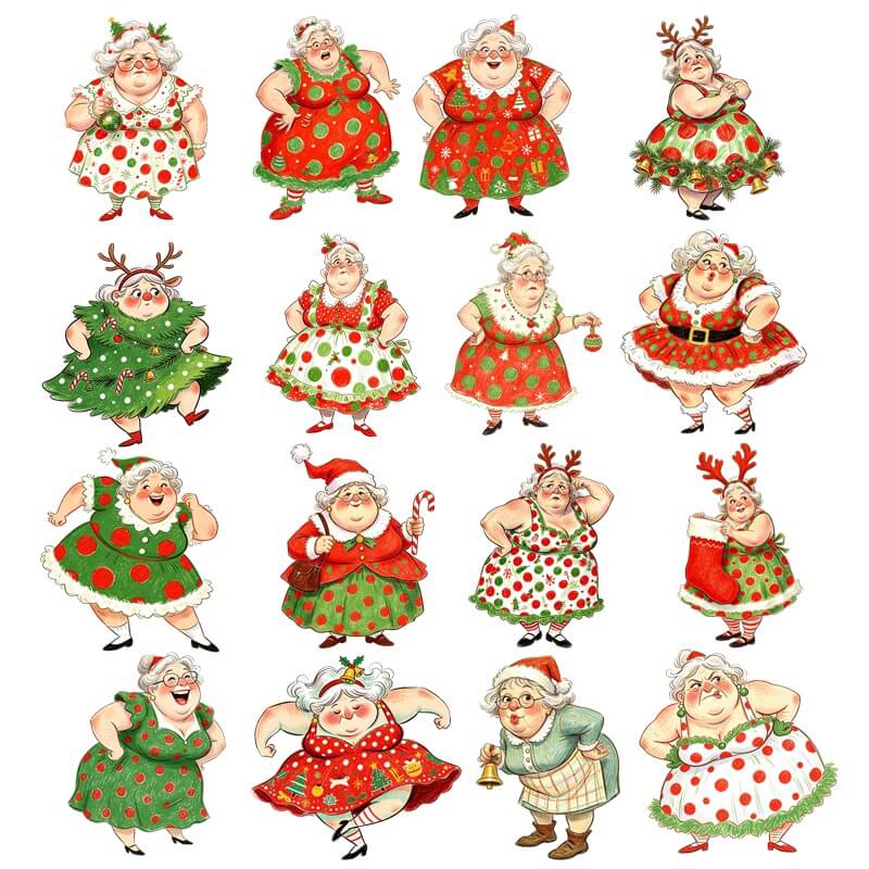 VintageChristmasgrandmacardstockcutoutsinfestiveredandgreendresses