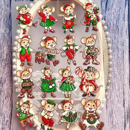 VintageChristmasmousestickerswithfestiveoutfits_gifts_acandycane_andholidayaccessories
