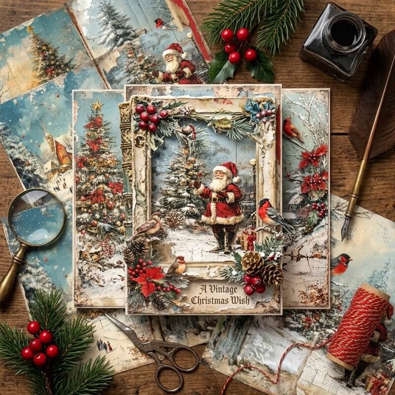 VintageChristmasscrapbookpaperarrangedinahandmadeholidayjournalwithSantaClaus_snowyChristmastrees_winterbirds_pineconesandfestiveberries