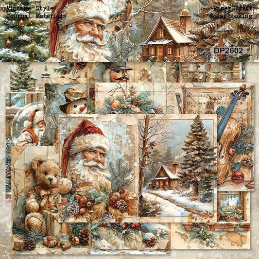 Vintage Christmas scrapbook papers with Santa, snowy cottages, teddy bears and snowmen.