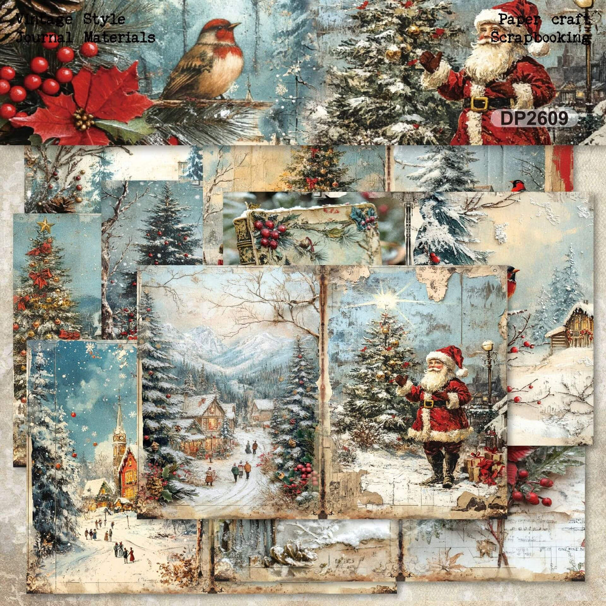 VintageChristmasscrapbookpapercollectionfeaturingSantaClaus_snowyvillages_decoratedChristmastrees_winterbirdsandnostalgicholidaylandscapes