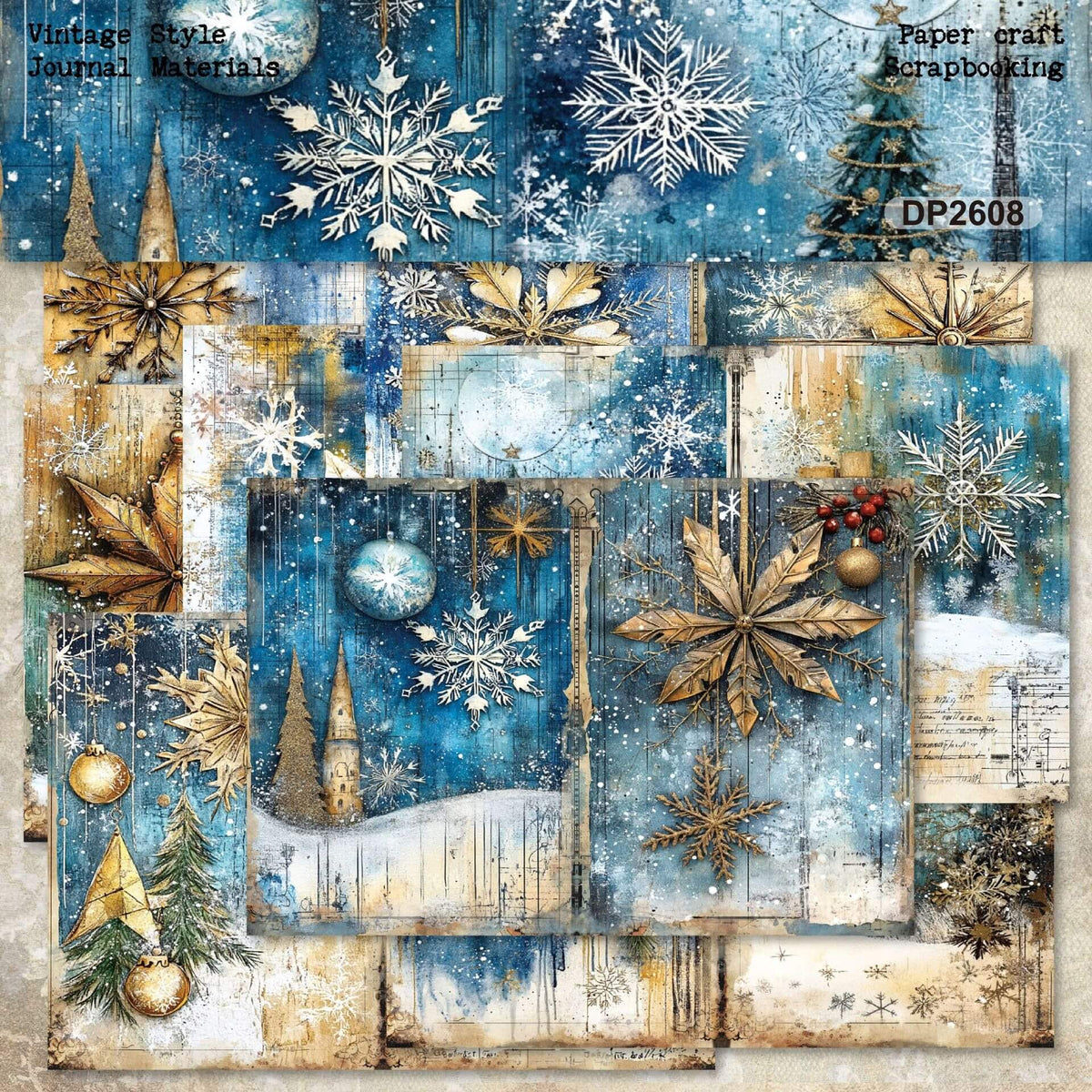 VintageChristmasscrapbookpapercollectionfeaturingbluewinterbackgrounds_whitesnowflakes_goldenstars_Christmastreesanddistressedantiquetextures
